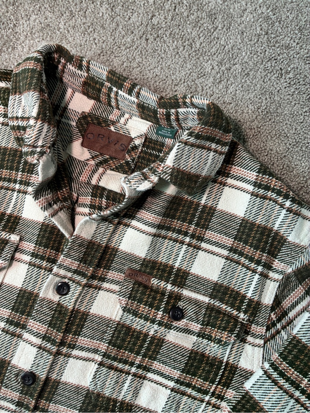 Orvis Classic Heavyweight Plaid Flannel Shirt Green and Cream Medium